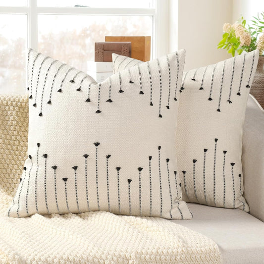 YCOLL Boho Throw Pillow Covers 16x16 Set of 2 Neutral Woven Decorative Pillowcases Cotton Tufted Couch Pillows Modern Farmhouse Accent Cushion Covers for Sofa Couch Bed Living Room Home Decor, Black