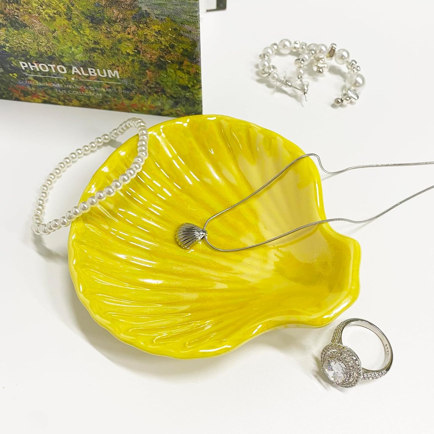 Shell Trinket Dish, Ceramic Jewelry Dish Trinket Tray, Cute Jewelry Organizer Plate for Jewelry, Earring Seashell Jewelry Ring Holder, 3.9", Bright Yellow Iridescent Surface