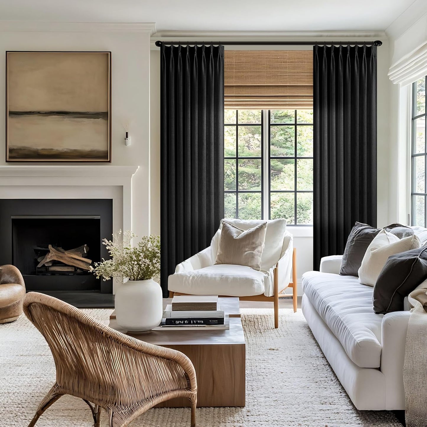 Black Pinch Pleated Linen Curtains 102 Inches Long for Living Room Bedroom Light Filtering Boho Window Drape 102 Inch with Hooks Rings Sliding Glass Door Semi Sheer Curtain 1 Panel 50 Inch Width