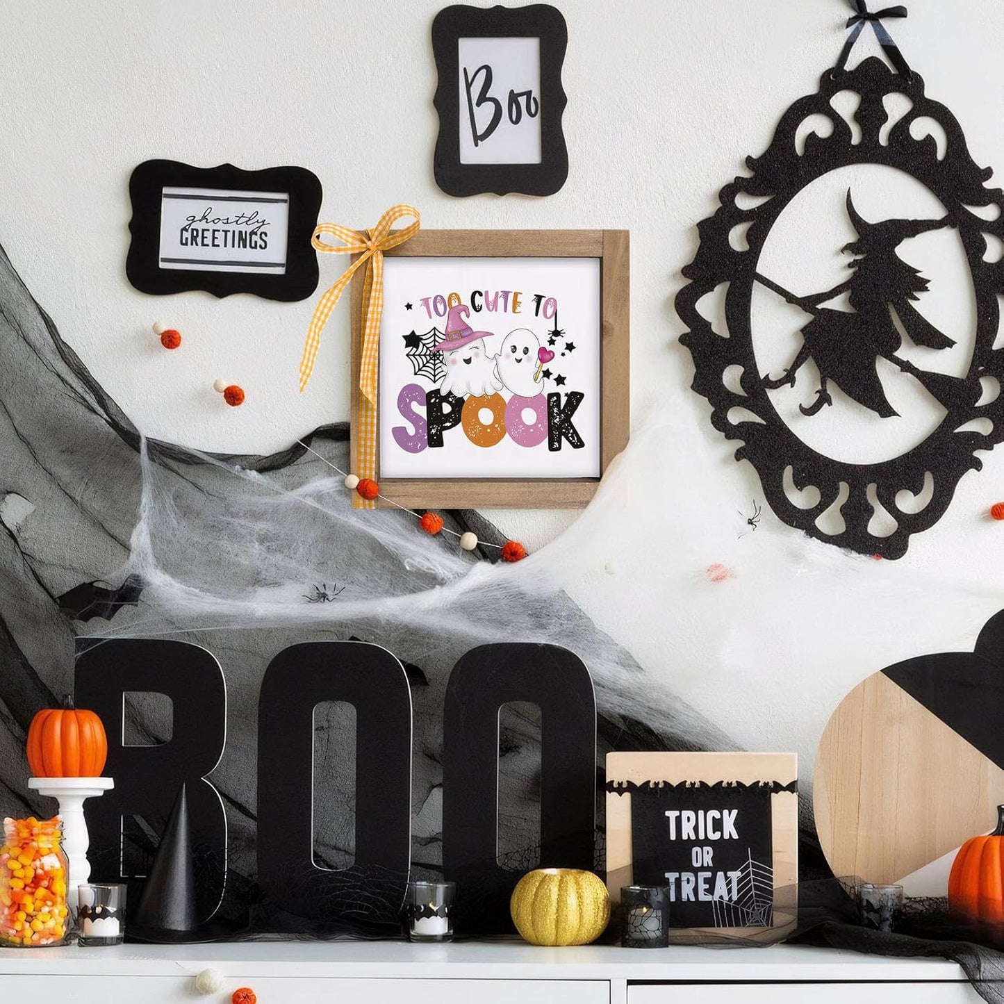 Too Cute To Spook Sign, 6 Inch Wooden Halloween Funny Cute Pink Ghost Decorative Signage Office Decor, Indoor Table Wall Art Shelf Desk Tiered Tray Rustic Farmhouse Home Decorations