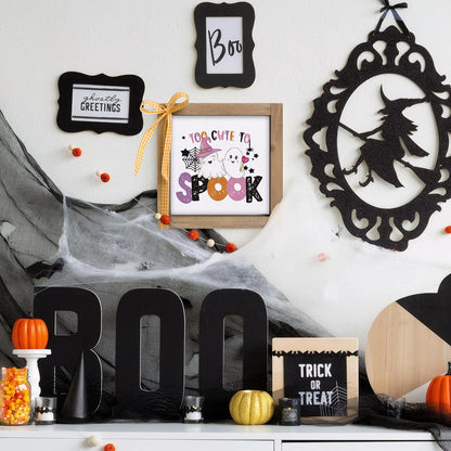 Too Cute To Spook Sign, 6 Inch Wooden Halloween Funny Cute Pink Ghost Decorative Signage Office Decor, Indoor Table Wall Art Shelf Desk Tiered Tray Rustic Farmhouse Home Decorations