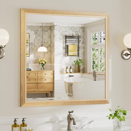 36x36 Inch Bathroom Mirror for Wall, Anti-Rust Oak Wood Grain Metal Framed Bathroom Mirrors for Over Sink,Rectangler Mirrors for Bathroom Vanity, Farmhouse, Bedroom, Living Room, Entryway Decor