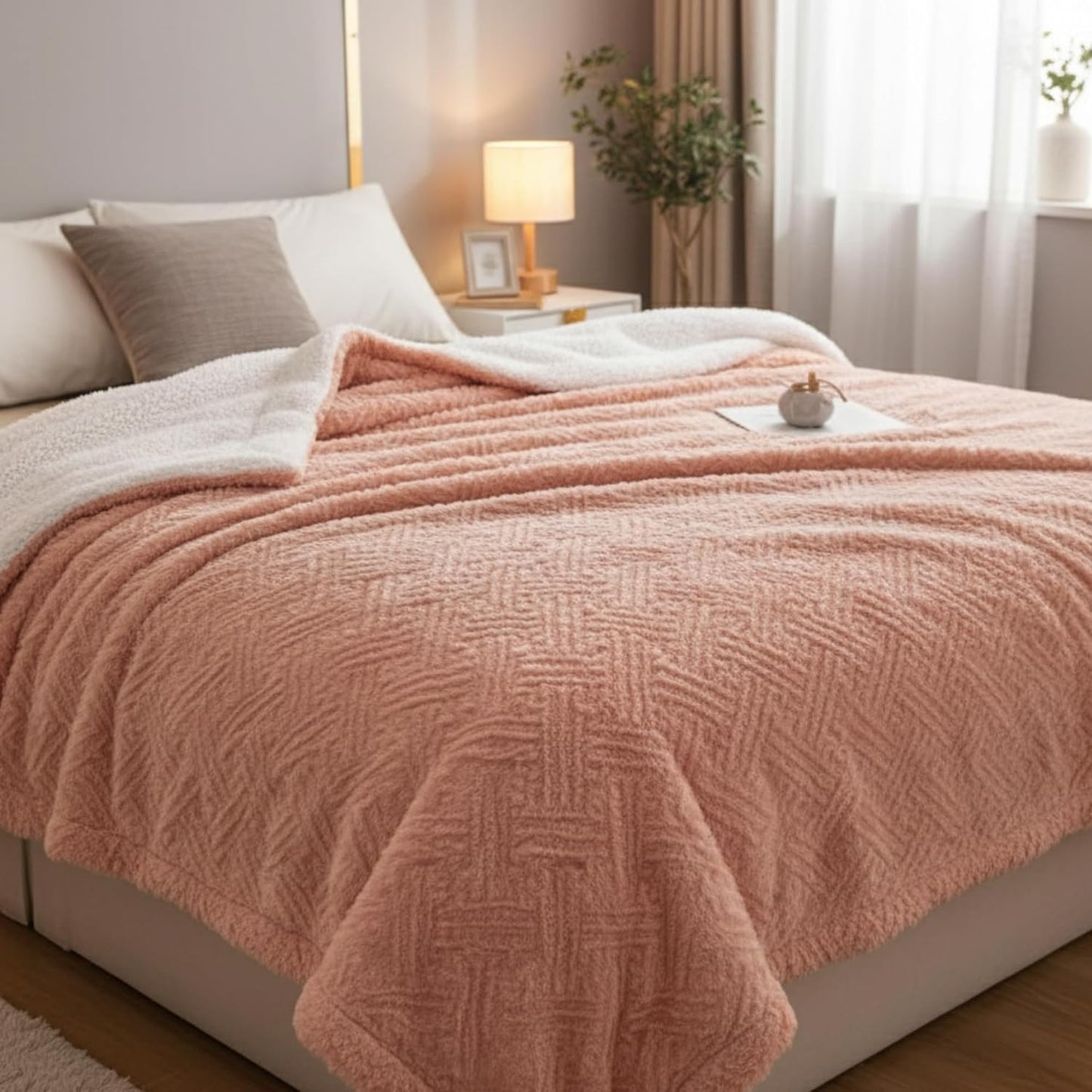 DaDa Bedding Coral Pastel Peach Rose Faux Fur Throw Blanket - Dreamy Geometric Embossed Sherpa Backside - Super Soft Warm Cozy Plush Fluffy - 90" x 90"