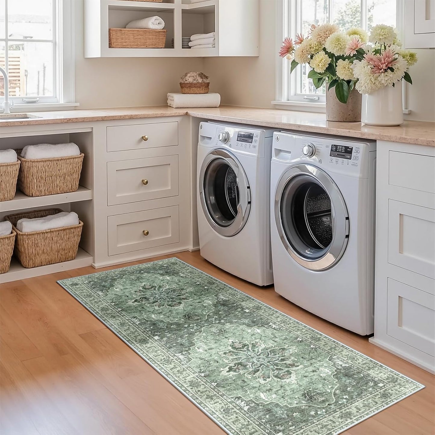 Area Rugs 2'x6' Washable Non-Slip, Floral Vintage Distress Print Pattern Medallion Carpet for Living Room Bedroom Dining Room, Dark Green Gray