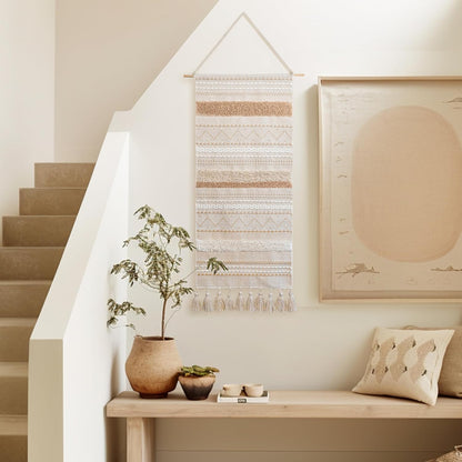 BlissBlush Long Vertical Wall Hanging Tapestry Woven Boho Farmhouse Decor Cream Beige Tassel Handmade Wall Art Decoration for Bedroom Living Room Dorm Nursery Apartment, 16x39 INCH