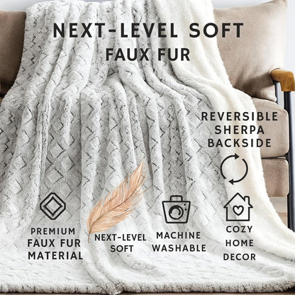 DaDa Bedding Luxury Faux Fur Throw Blanket - Dreamy Milky Way White with Subtle Purple Undertones - Embossed Sherpa Backside - Cozy & Elegant Cloud Design - Soft Plush Fluffy Warm Blanket - 63" x 90"