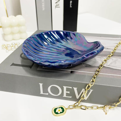 Shell Jewelry Holder Dish Aesthetic, Ceramic Seashell Trinket Dish for Women, Cute Room Decor Jewelry Plates for Earrings Ring Necklace, 3.9", Indigo Iridescent Surface