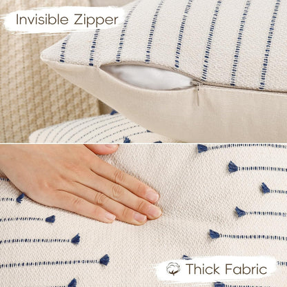 Boho Throw Pillow Covers 20x20 Set of 2 Neutral Woven Decorative Pillowcases Cotton Tufted Couch Pillows Modern Farmhouse Accent Cushion Covers for Sofa Couch Bed Living Room Home Decor, Navy Blue