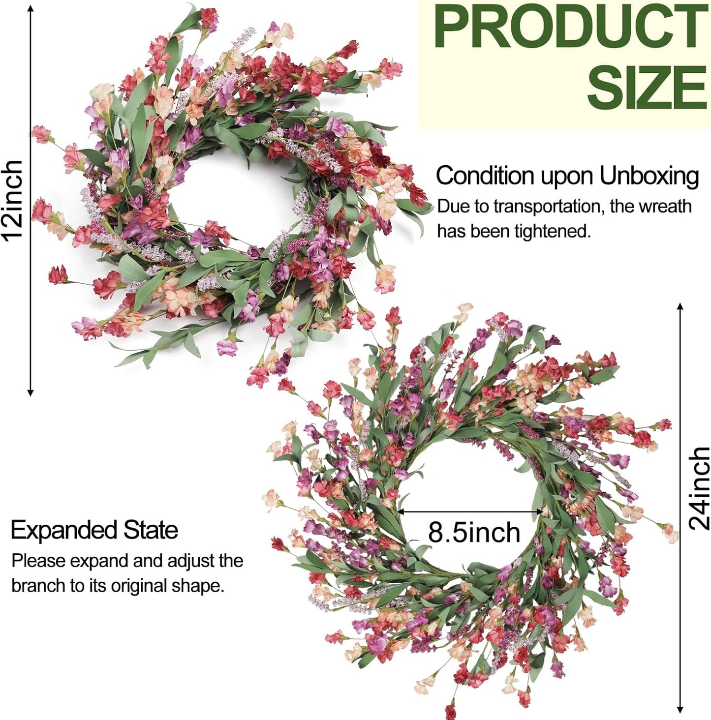 Artgar Front Door Wreath 24 Inch Spring/Summer Wreaths for Front Door, Front Door Wreaths for All Seasons for Indoor Outdoor Home Office Wall Window Wedding Farmhouse Decor (Red&Orange&Purple)