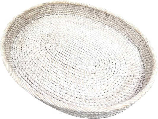 i-lan 17 inch White Washed Rattan Oval Countertop Severing Tray Without Handles-Natural Wicker White Kitchen Table Decorative Serving Tray for Drinks,Coffe,17"x13"x2.4"