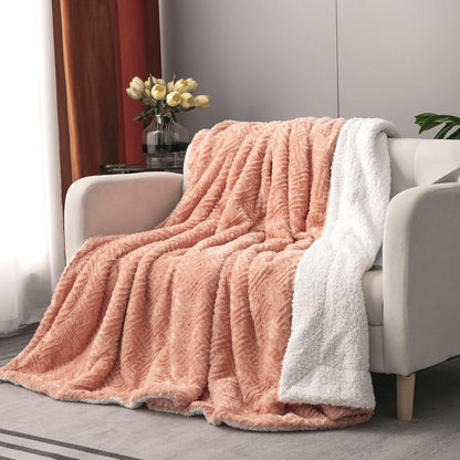 DaDa Bedding Coral Pastel Peach Rose Faux Fur Throw Blanket - Dreamy Geometric Embossed Sherpa Backside - Super Soft Warm Cozy Plush Fluffy - 50" x 60"