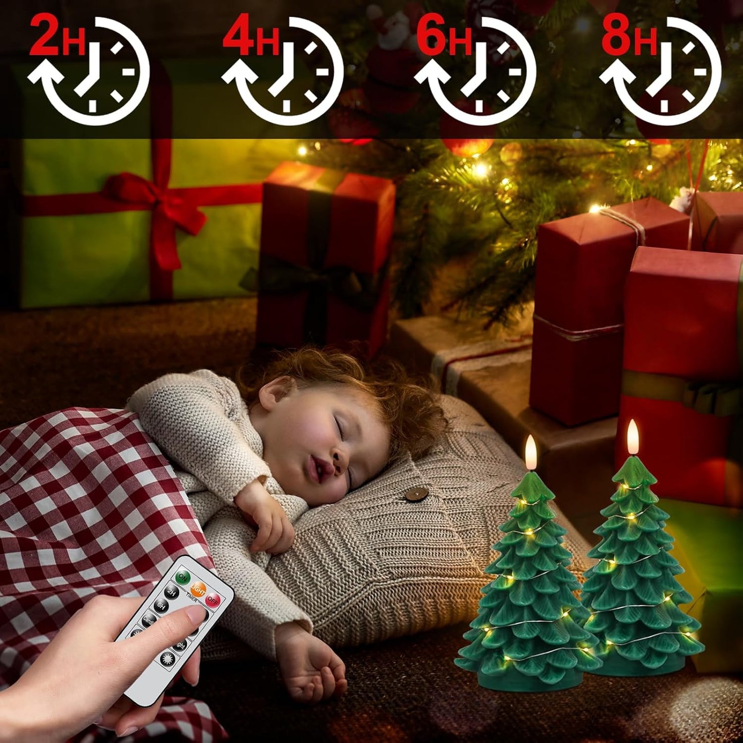 Wondise Christmas Tree Flameless Candles with String Lights 11-Key Remote and Timer, Real Wax Battery Operated 3D Wick LED Flickering Candles for Christmas Holiday Indoor Dinner Decor(3" x 7.1")