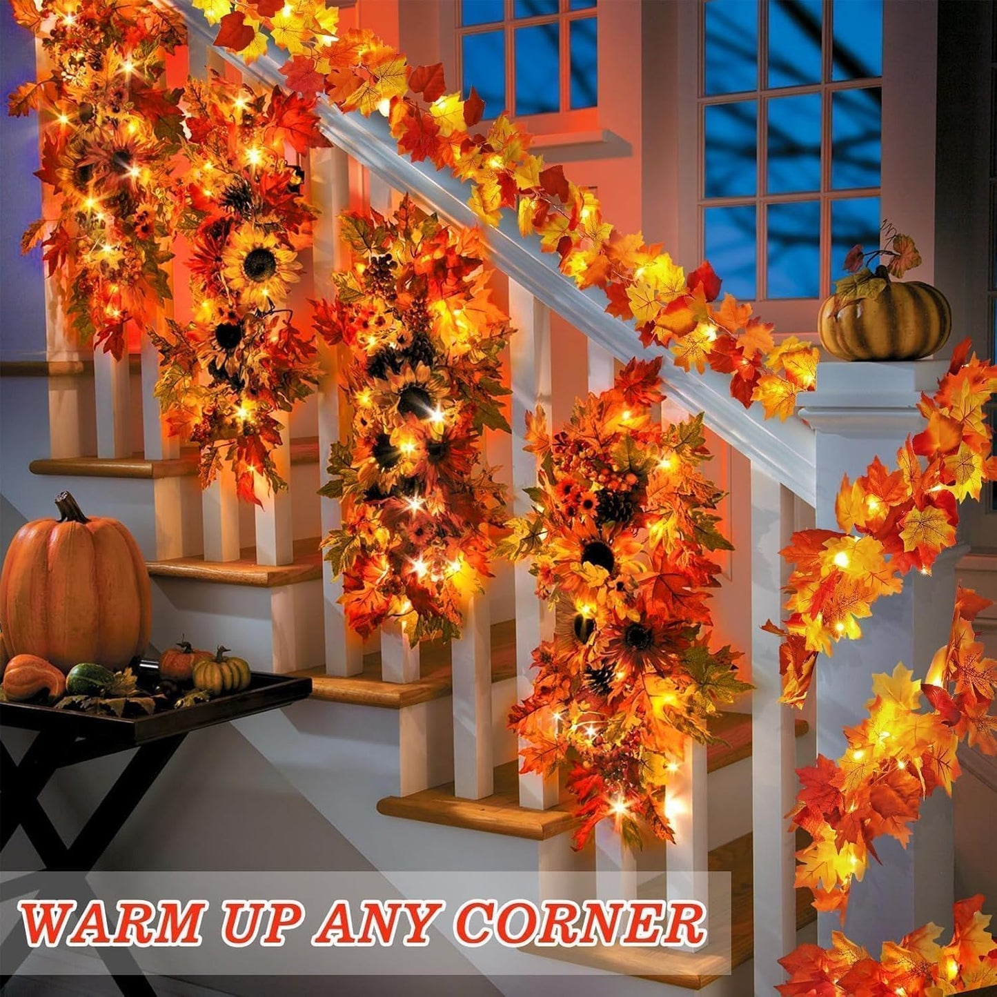 4 Pack Fall Decor Garland - Fall Thanksgiving Decorations for Home - 23.6Ft Maple Leaves Garland with Lights Battery Operated for Mantle Fireplace Table Indoor Outdoor Autumn Halloween Christmas Decor