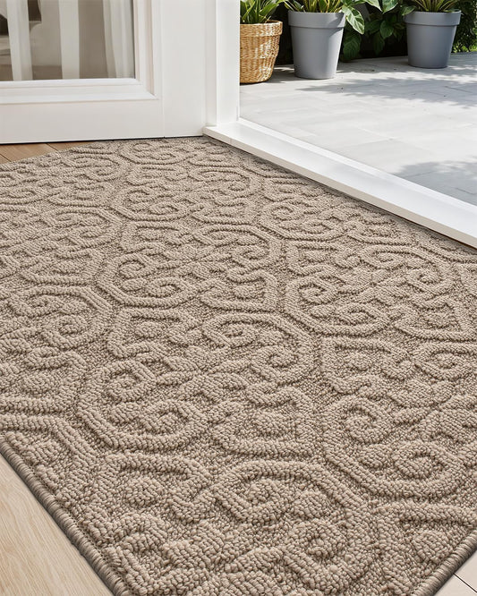 DEXI Front Door Entryway Mat Non Slip, 2x3 ft Washable Inside Entrance for House Floor Low Profile, Thin Entry Doormat Absorbent Dirt Trapper, Light Taupe