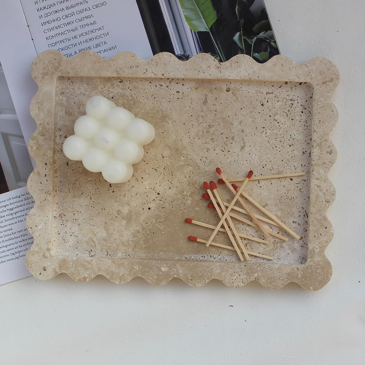 Natural Luxury Scalloped Marble Tray 10.8"x8", Rectangle Vanity Tray for Bathroom Kitchen Counter, Decorative Tray for Dresser Home Decor - Beige Travertine