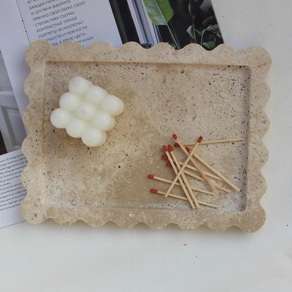 Natural Luxury Scalloped Marble Tray 10.8"x8", Rectangle Vanity Tray for Bathroom Kitchen Counter, Decorative Tray for Dresser Home Decor - Beige Travertine