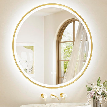 TETOTE Gold Led Round Mirror with Lights 36 Inch Metal Framed Round Circle Lighted Bathroom Vanity Mirror Wall Mounted, Front and Backlit 3 Color Stepless Dimmable Anti Fog, Shatterproof, CRI 90+
