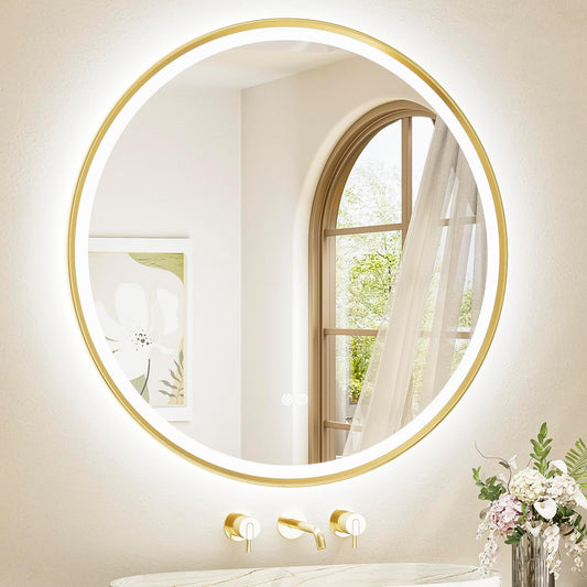TETOTE Gold Led Round Mirror with Lights 36 Inch Metal Framed Round Circle Lighted Bathroom Vanity Mirror Wall Mounted, Front and Backlit 3 Color Stepless Dimmable Anti Fog, Shatterproof, CRI 90+