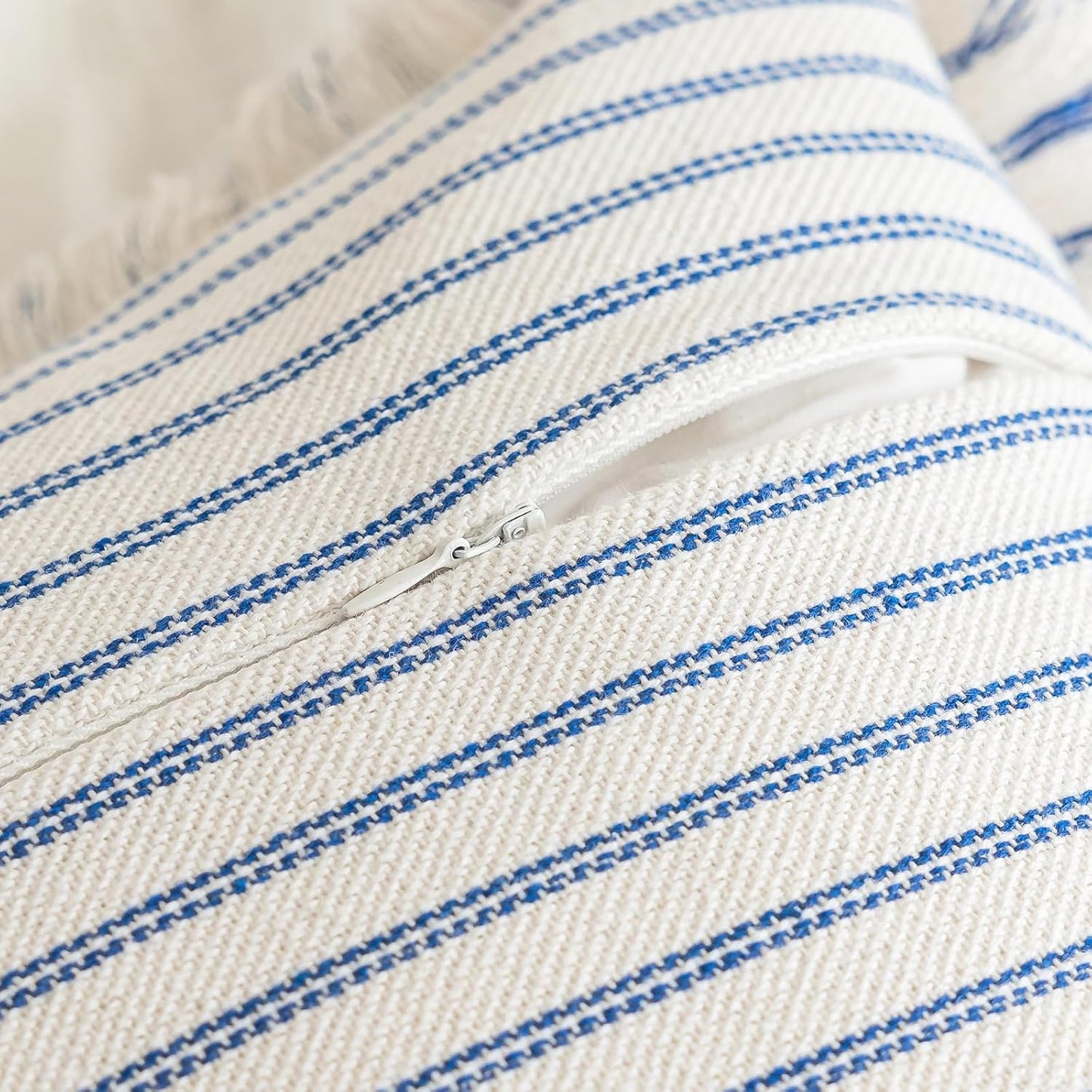 Throw Pillow Covers 16x16 Set of 2 Striped Fringe Pillow Cover Farmhouse Cushion Covers with Tassel Neutral Boho Pillows Decorative Square Pillowcase for Couch Sofa Bed, Blue