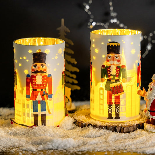 Christmas Decorations Indoor,Battery Operated Mercury Glass Latern,LED Lights Cylinder with Nutcracker Patterns,Christmas Decor for Table,Gifts for Kids (Nutcracker White)