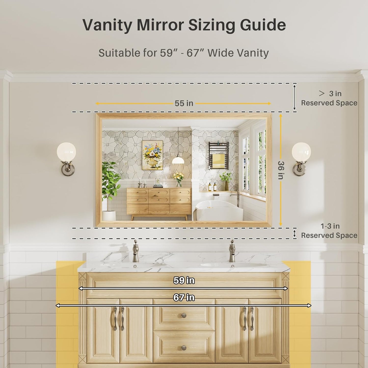 55x36 Inch Bathroom Mirror for Wall, Anti-Rust Oak Wood Grain Metal Framed Bathroom Mirrors for Over Sink,Rectangler Mirrors for Bathroom Vanity, Farmhouse, Bedroom, Living Room, Entryway Decor