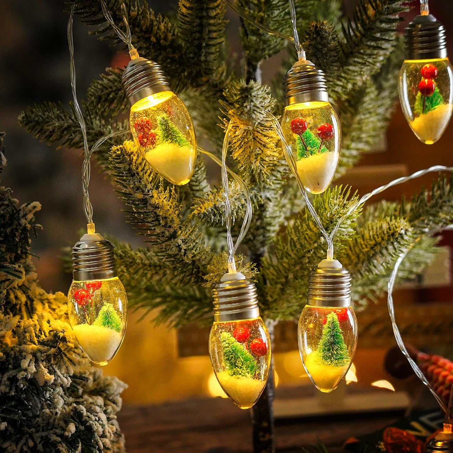 Christmas Snow Globe String Lights Indoor Decorations, 10 LED Clear Bulbs String Lights with Christmas Tree & Berry for Home Bedroom Fireplace Xmas Lights(6.6FT)