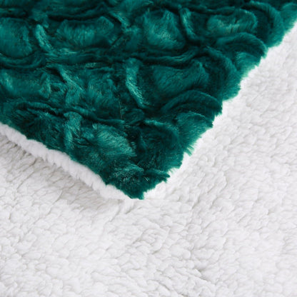 DaDa Bedding Lavish Emerald Green Blue Faux Fur Throw Blanket - Mermaid Scales Design White Sherpa Backside - Soft Warm Plush Textured Bright Vibrant Jewel Tones Embossed for Bed/Couch - 90" x 90"