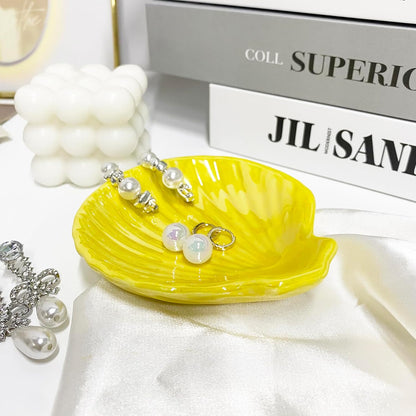 Shell Trinket Dish, Ceramic Jewelry Dish Trinket Tray, Cute Jewelry Organizer Plate for Jewelry, Earring Seashell Jewelry Ring Holder, 3.9", Bright Yellow Iridescent Surface