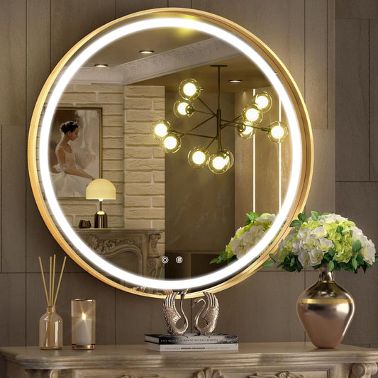 Hasipu 28 Inch Round LED Mirror for Bathroom with Lights, Gold Circle Vanity Mirror for Wall, Metal Framed Frontlit Bathroom Mirrors Anti-Fog, Dimmable, 3 Colors Makeup Mirror Wall Mounted