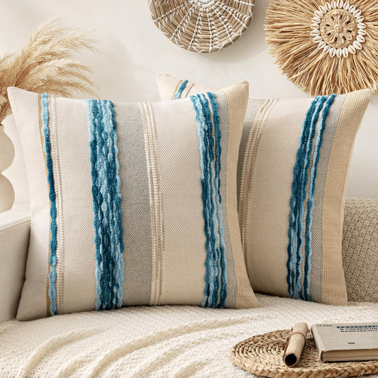 ANRODUO Pack of 2 Boho Decorative Throw Pillow Covers 18x18 Farmhouse Cushion Case Striped Chenille Pillow Cases Square Pillow Covers Accent Neutral Pillowcase for Sofa Couch Bed, Sky Blue Stripe 2