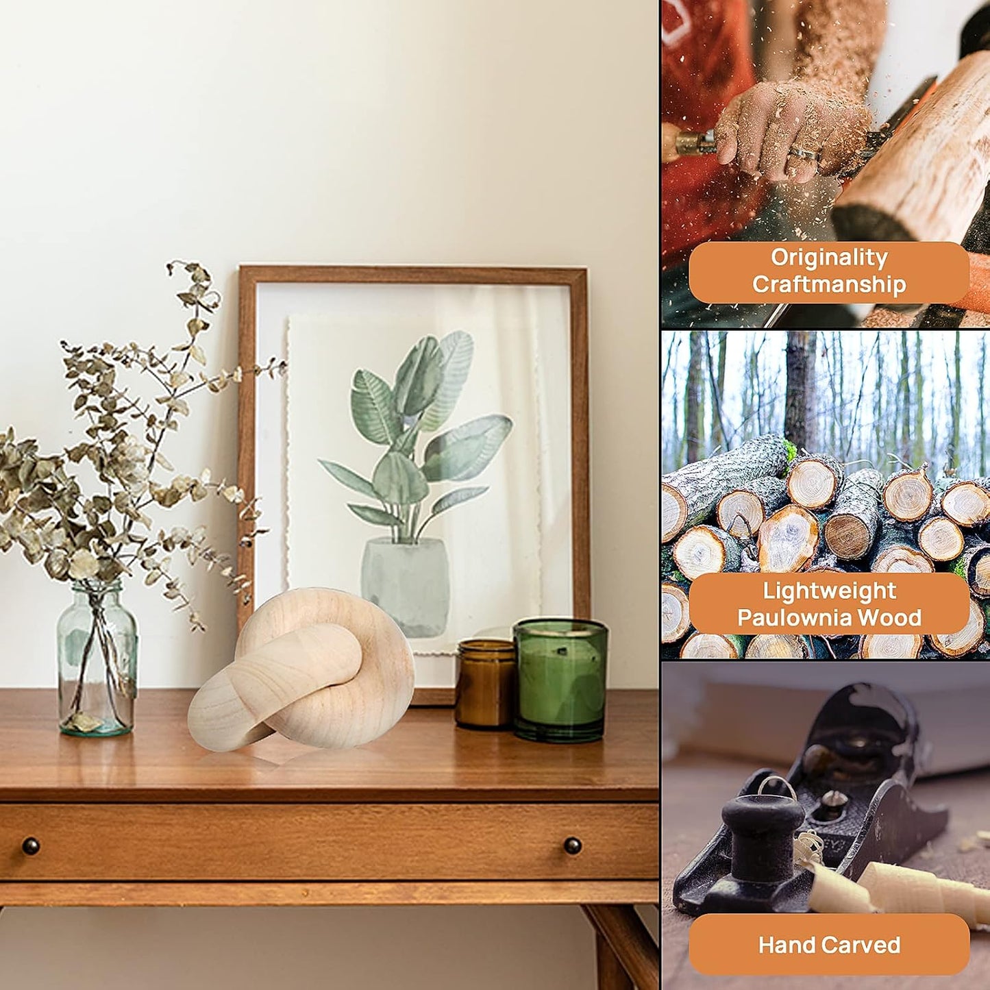 Wood Chain Decor, 2-Link Decorative Chain Hand Carved Boho Wood Knot Decor for Bookshelf Desk Living Room Coffee Table Farmhouse Decorative Ornament (Natural)