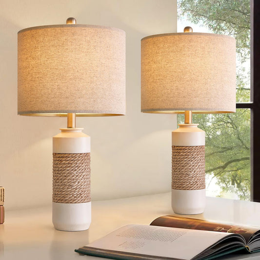OYEARS 23.75" Bedside Table Lamps Set of 2 for Sleeping and Reading, Vintage Farmhouse Rattan Table Lamp Antique White Resin Lamp for Decoration, Office Living Room Bedside Table