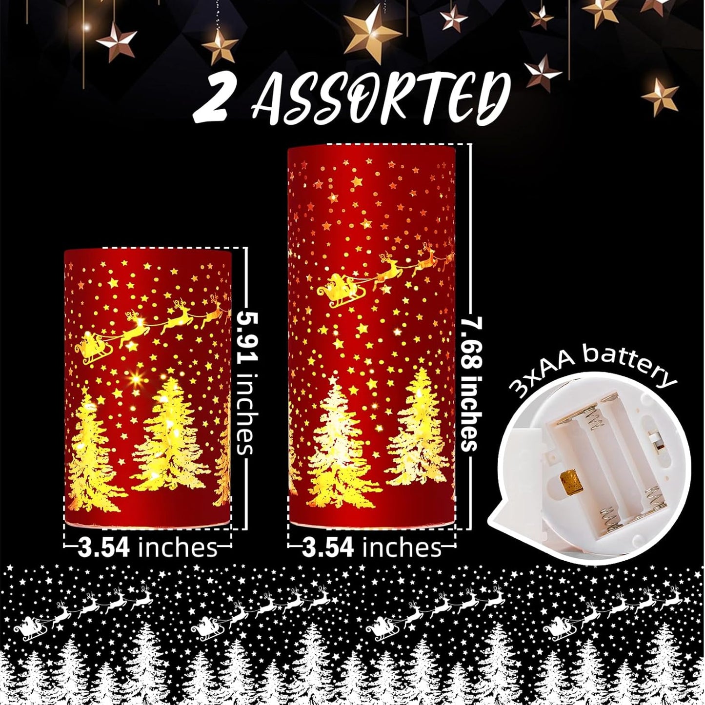 Christmas Decorations Indoor,Mercury Glass Lights with Timer,Battery Powered Fairy Light,LED Latern with Christmas Tree Deer Carvings, Lamps for Table Decor Home Centerpiece (Red)