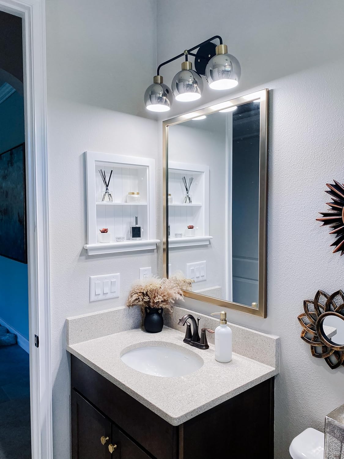 Frame My Mirror Gold Bathroom Mirror for Wall, 28" x 54" Champagne Bronze Bathroom Vanity Mirror, Made in USA, Hangs Horizontally or Vertically, Ellis Design