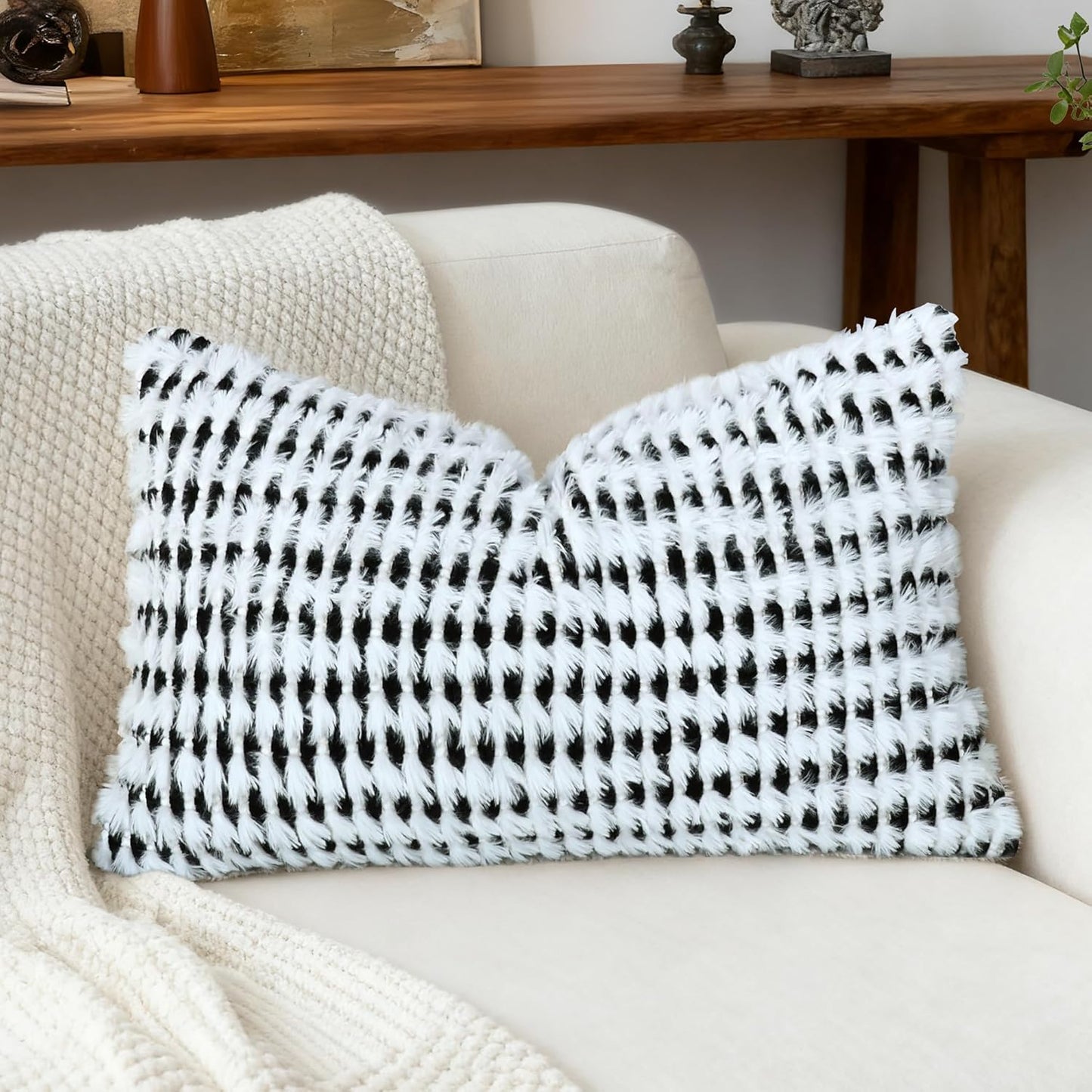 Boho Chenille Tufted Pillow Cover 12x20 Inch Set of 1, Farmhouse Striped Decorative Pillow Covers Accent Fluffy Neutral Lumbar Pillowcases for Couch Sofa Bedroom Living Room, Black White