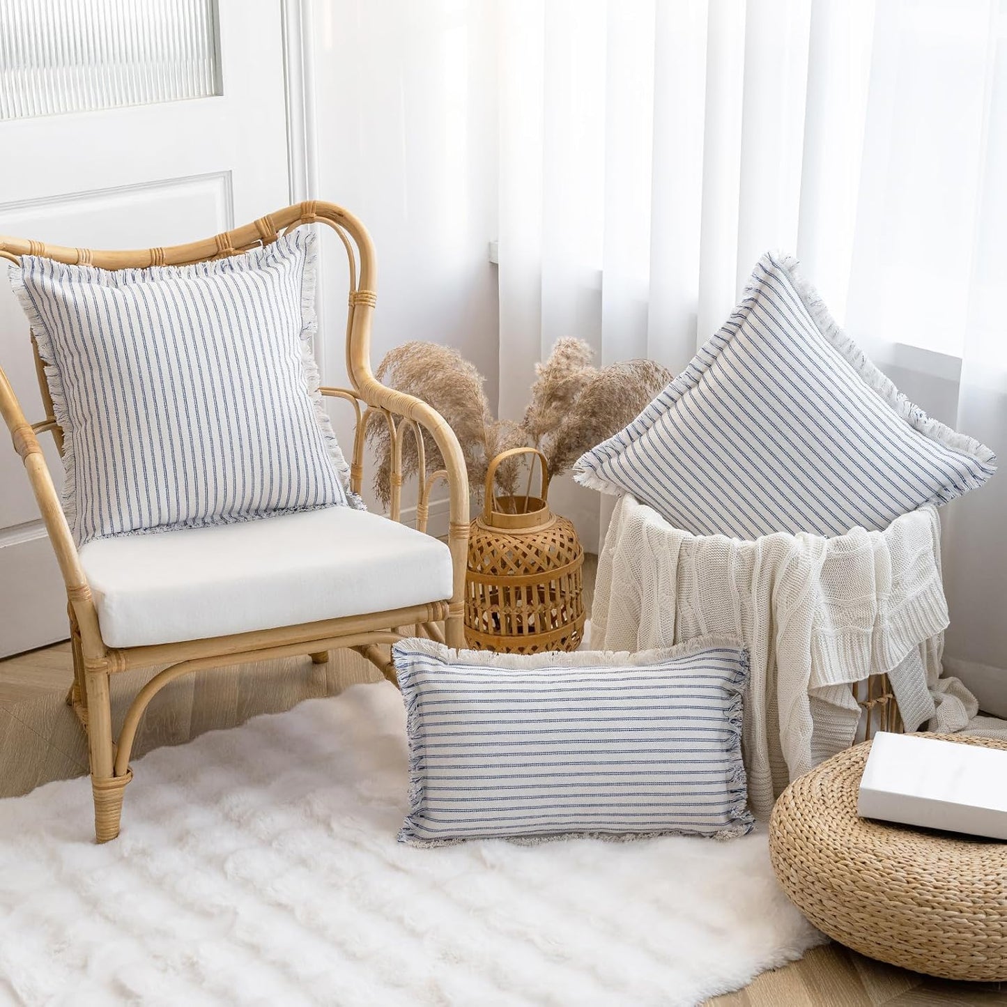 Throw Pillow Covers 16x16 Set of 2 Striped Fringe Pillow Cover Farmhouse Cushion Covers with Tassel Neutral Boho Pillows Decorative Square Pillowcase for Couch Sofa Bed, Blue