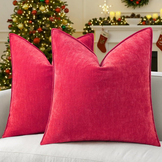 decorUhome Christmas Couch Throw Pillow Covers 16x16 Set of 2, Decorative Soft Euro Neutral Chenille Pillow Covers with Elegant Design for Sofa Bed Living Room Home Decor, Red