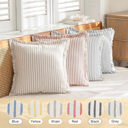 Throw Pillow Covers 24x24 Set of 2 Striped Fringe Pillow Cover Farmhouse Cushion Covers with Tassel Neutral Boho Pillows Decorative Square Pillowcase for Couch Sofa Bed, Khaki