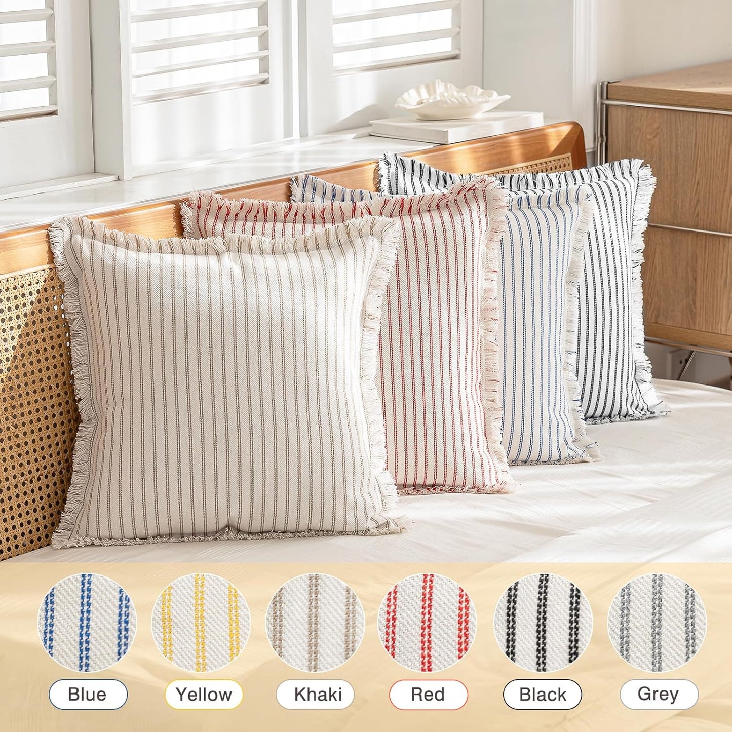 Throw Pillow Covers 18x18 Set of 2 Striped Fringe Pillow Cover Farmhouse Cushion Covers with Tassel Neutral Boho Pillows Decorative Square Pillowcase for Couch Sofa Bed, Red