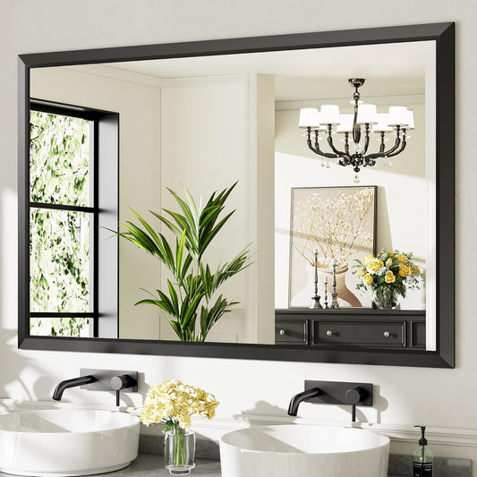 60x40 Inch Black Bathroom Mirror for Wall, Thick Metal Framed Rectangle Mirrors for Over Sink, Bedroom, Living Room, Entryway, Anti-Rust, HD Tempered Glass