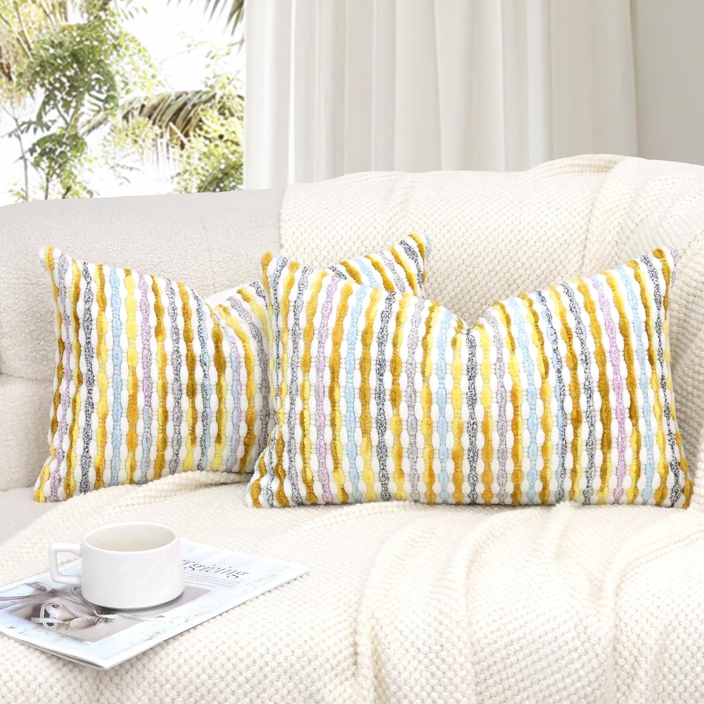 Boho Decorative Throw Pillow Covers 12x20 Inch, Chenille Tufted Pillow Cover Striped Textured Lumbar Farmhouse Accent Pillowcase for Couch Sofa Bedroom Living Room, Yellow White Stripe 2 Pack