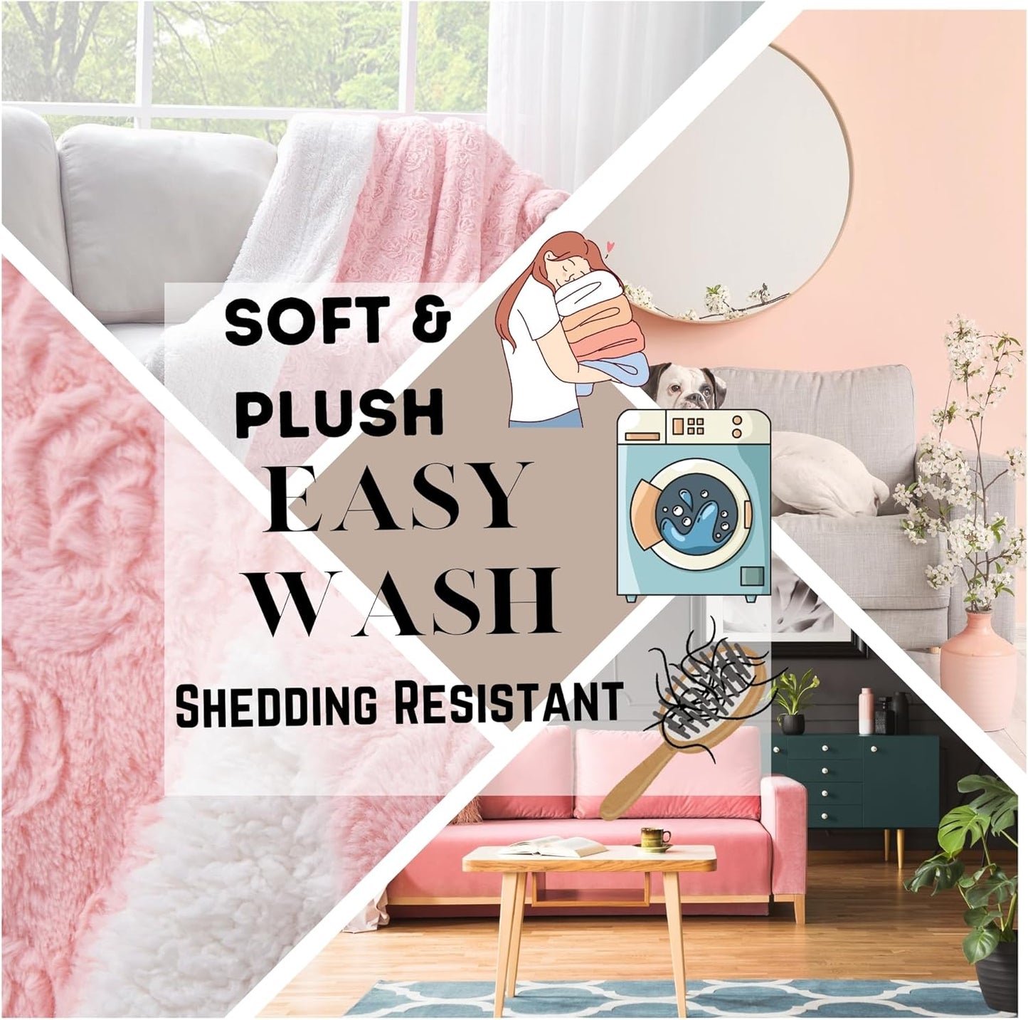 DaDa Bedding Luxury Faux Fur Throw Blanket - [ Non Shedding - Machine Washable] Fluffy Super Cuddly Soft Roses Sherpa Backside - Warm Plush for Lap or Sofa - Bright Vibrant Pink & White - 50" x 60"