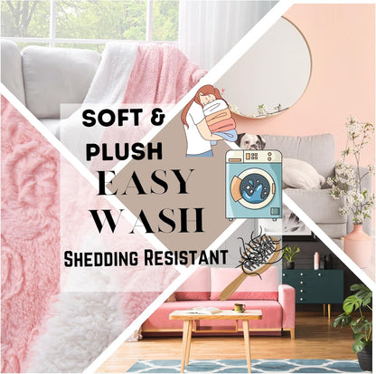 DaDa Bedding Luxury Faux Fur Throw Blanket - [ Non Shedding - Machine Washable] Fluffy Super Cuddly Soft Roses Sherpa Backside - Warm Plush for Lap or Sofa - Bright Vibrant Pink & White - 50" x 60"
