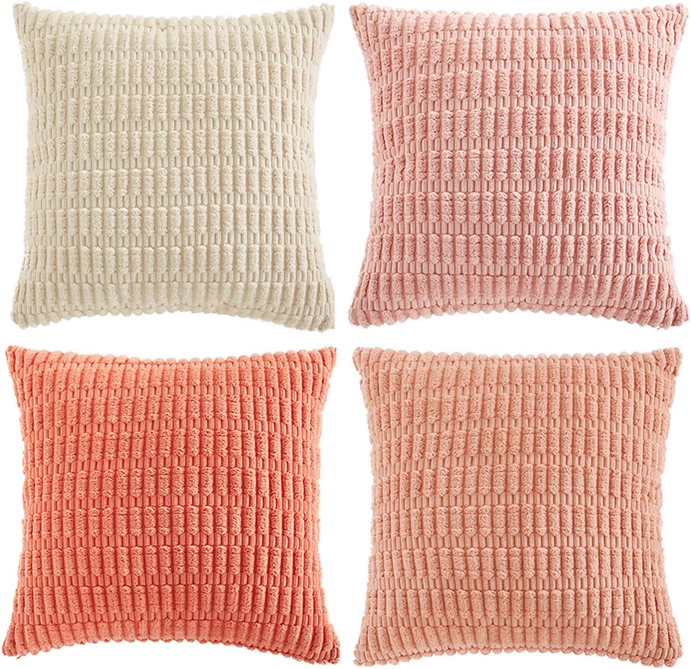 Fancy Homi 4 Packs Blush Pink Decorative Throw Pillow Covers 18x18 Inch for Living Room Couch Bed Sofa, Soft Plush Striped Corduroy Square Light Pink Coral Peach Cream Colorful Cushion Case 45x45 cm
