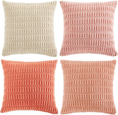 Fancy Homi 4 Packs Blush Pink Decorative Throw Pillow Covers 18x18 Inch for Living Room Couch Bed Sofa, Soft Plush Striped Corduroy Square Light Pink Coral Peach Cream Colorful Cushion Case 45x45 cm