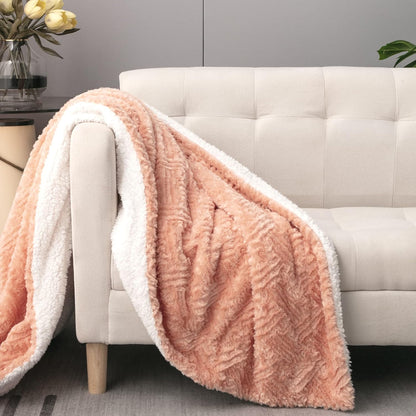 DaDa Bedding Coral Pastel Peach Rose Faux Fur Throw Blanket - Dreamy Geometric Embossed Sherpa Backside - Super Soft Warm Cozy Plush Fluffy - 50" x 60"