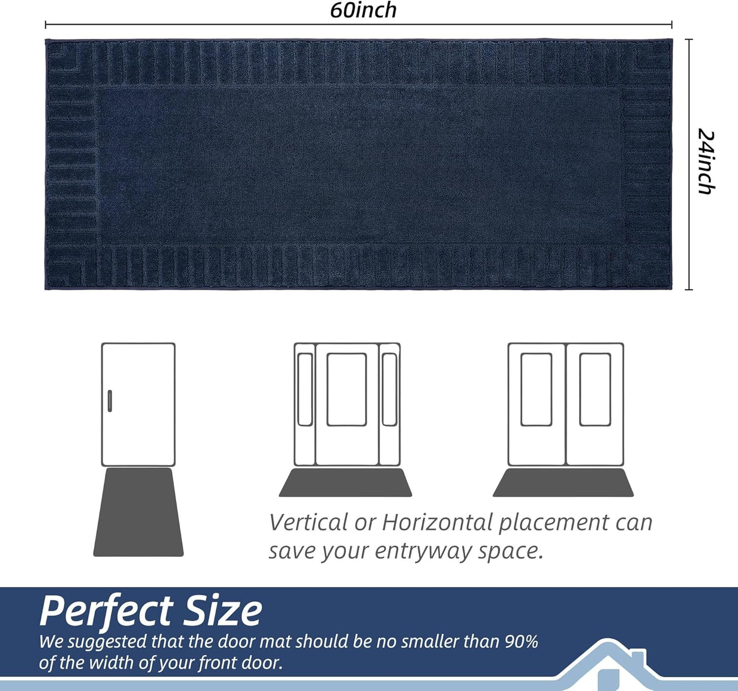 BEQHAUSE Door-Mat-Non-Slip Dirt Trapper Door Mats Low-Profile Front Door Mat Absorbent Floor Mats for Entryway Washable Mud Resistant Home Entrance Doormat,Navy Blue,24"x60"