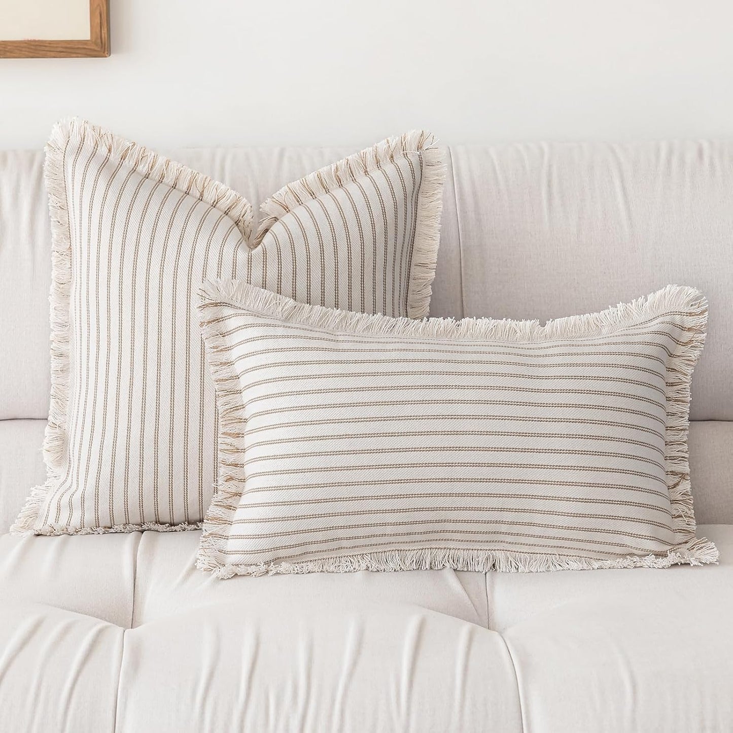 Throw Pillow Covers 24x24 Set of 2 Striped Fringe Pillow Cover Farmhouse Cushion Covers with Tassel Neutral Boho Pillows Decorative Square Pillowcase for Couch Sofa Bed, Khaki