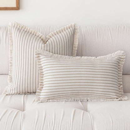 Throw Pillow Covers 12x20 Set of 2 Striped Fringe Pillow Cover Farmhouse Cushion Covers with Tassel Neutral Boho Pillows Decorative Square Pillowcase for Couch Sofa Bed, Khaki