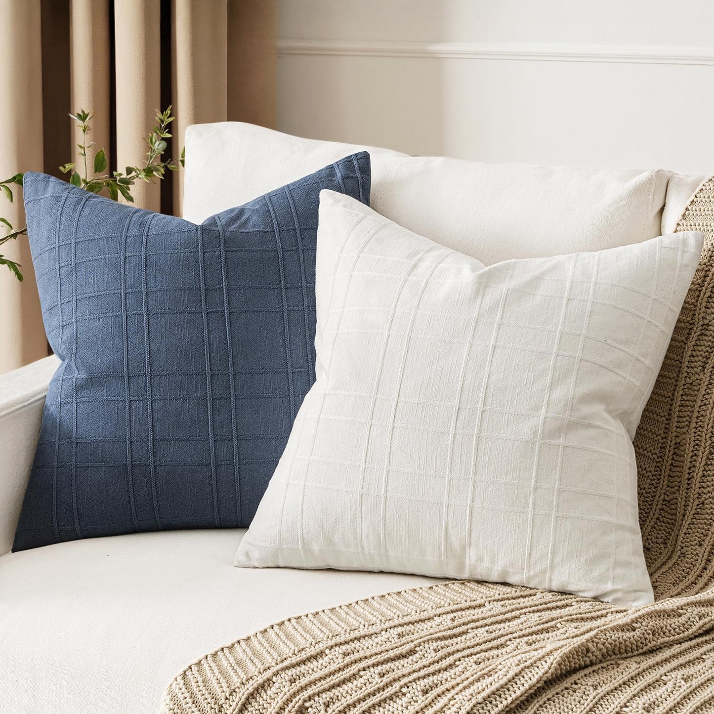 MIULEE Decorative Linen Check Throw Pillow Covers Neutral Farmhouse Vintage Christmas Pillow Covers 18x18 Set of 2 Boho Modern Home Decor for Sofa Couch Bedroom Cushion Cream White